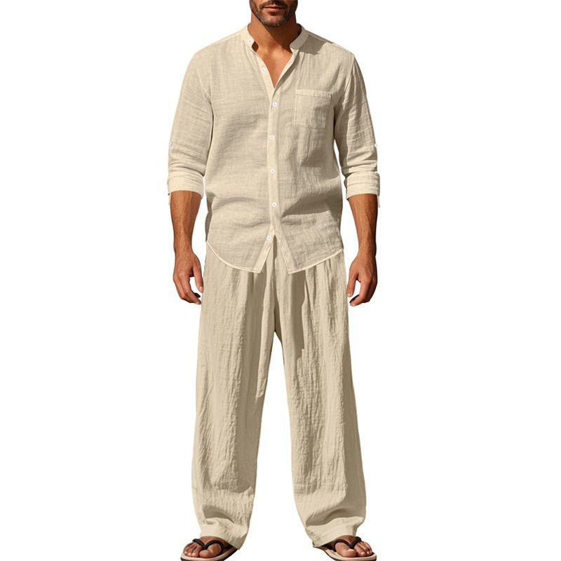 Men's Linen Casual Shirt & Pants Set - Breathable Comfort Fit Long Sleeve Top With Relaxed Fit Trousers For All Seasons (White, Black, Gray, Khaki)_viptrois.com