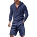 Men's Casual Linen Hooded Suit Summer Trendy Beach Wear Loose Fit Long Sleeved Shorts Black Gray Khaki American Style_viptrois.com