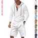 Men's Casual Linen Hooded Suit Summer Trendy Beach Wear Loose Fit Long Sleeved Shorts Black Gray Khaki American Style_viptrois.com