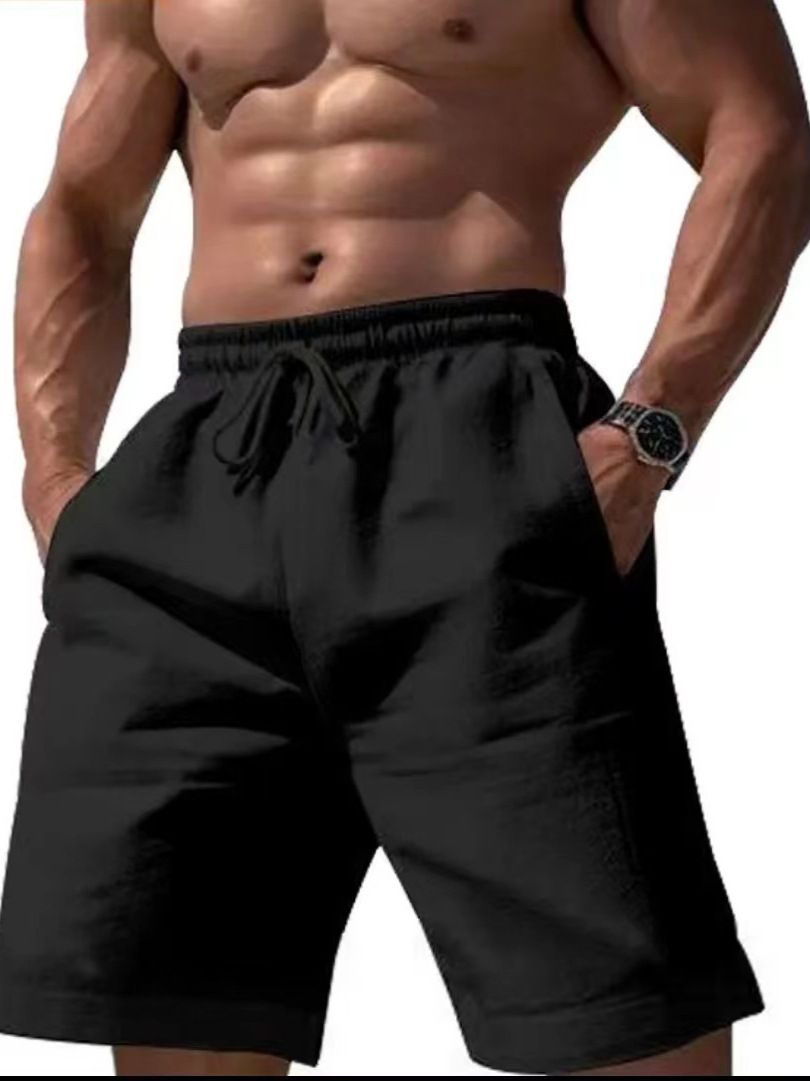 Men's Clothing New Men's Cotton And Linen Shorts Drawstring Elastic Waist Straight Leg Solid Color Breathable Daily Beach Five Point Leisure Medium_viptrois.com
