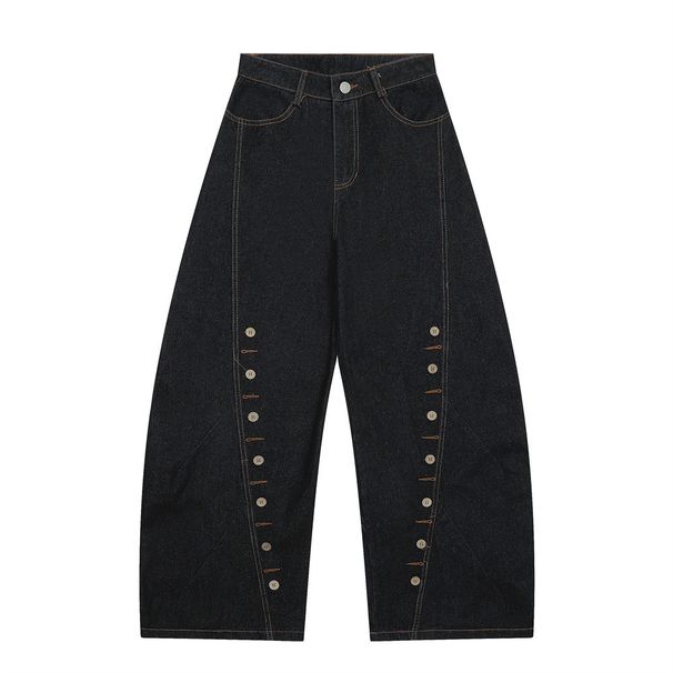 Multi-Button Eyelet Decorative Scimitar Jeans For Men, Trendy High Street Loose Design Stitched Wide-Leg Pants_viptrois.com