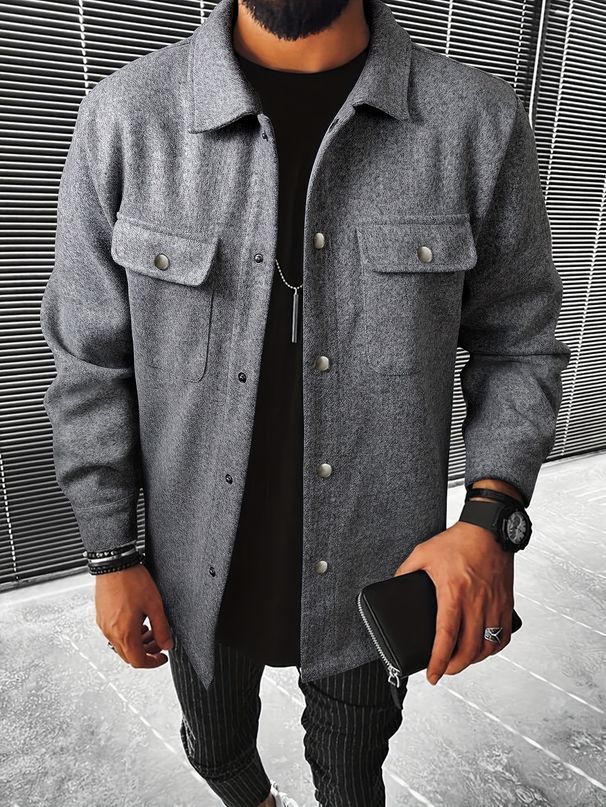 Men's Clothing Solid Color Casual Fleece-Lined Shirt Jacket, Lightweight Windproof Open-Front Cardigan With Spread Collar, Relaxed Fit Urban Outerwear_viptrois.com