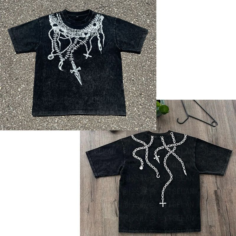 Men's Clothing Hip Hop Street Dark Cross Pure Cotton Washed Old Men And Women T Shirt Loose Large Size New Short Sleeve_viptrois.com