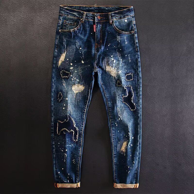 Premium Products Fashionable Niche Design Sense Splashed Ink Men's 2024 Summer Small Leg Jeans Trend Elastic Pants_viptrois.com