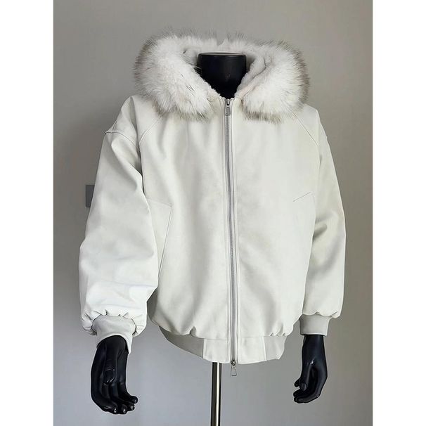 Hooded Mountain Eagle PU Leather Fleece-Lined Thickened Fur Collar Cotton Jacket Coat Internet Celebrity Couple Men And_viptrois.com