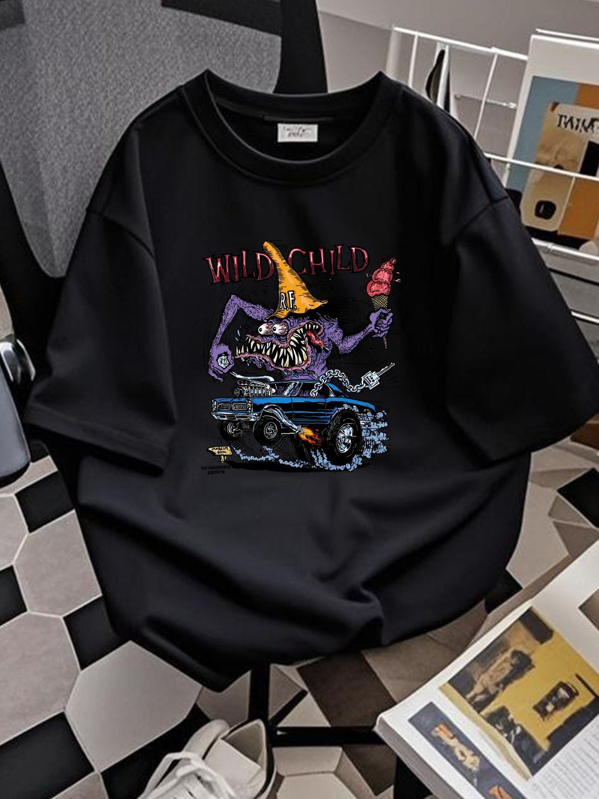 Wild Child RatFink T-Shirt Short Sleeve White Print Front H1509 Streetwear Soft Stylish Slightly Fashion Homme Breathable Versatile Unisex_viptrois.com