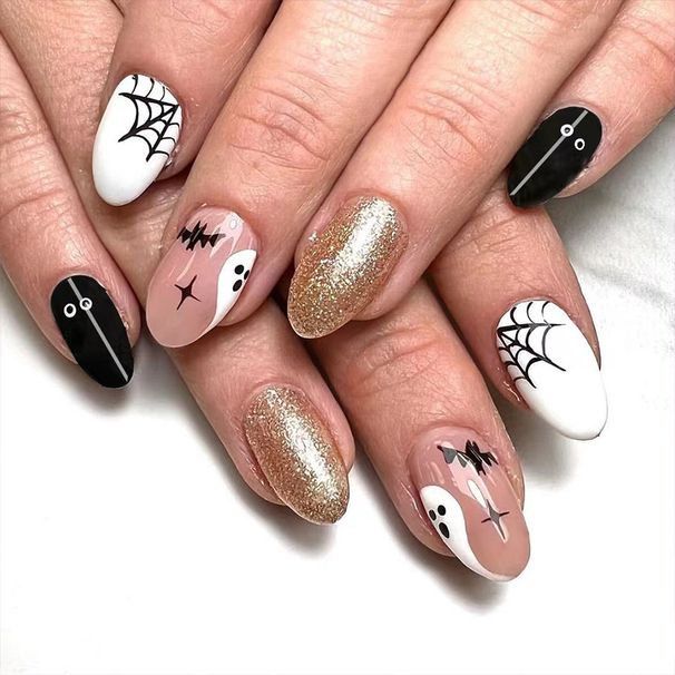 Short oval bright almond spider web ghost cute flash 20.24 million holy day nail art new wear armor 24_viptrois.com