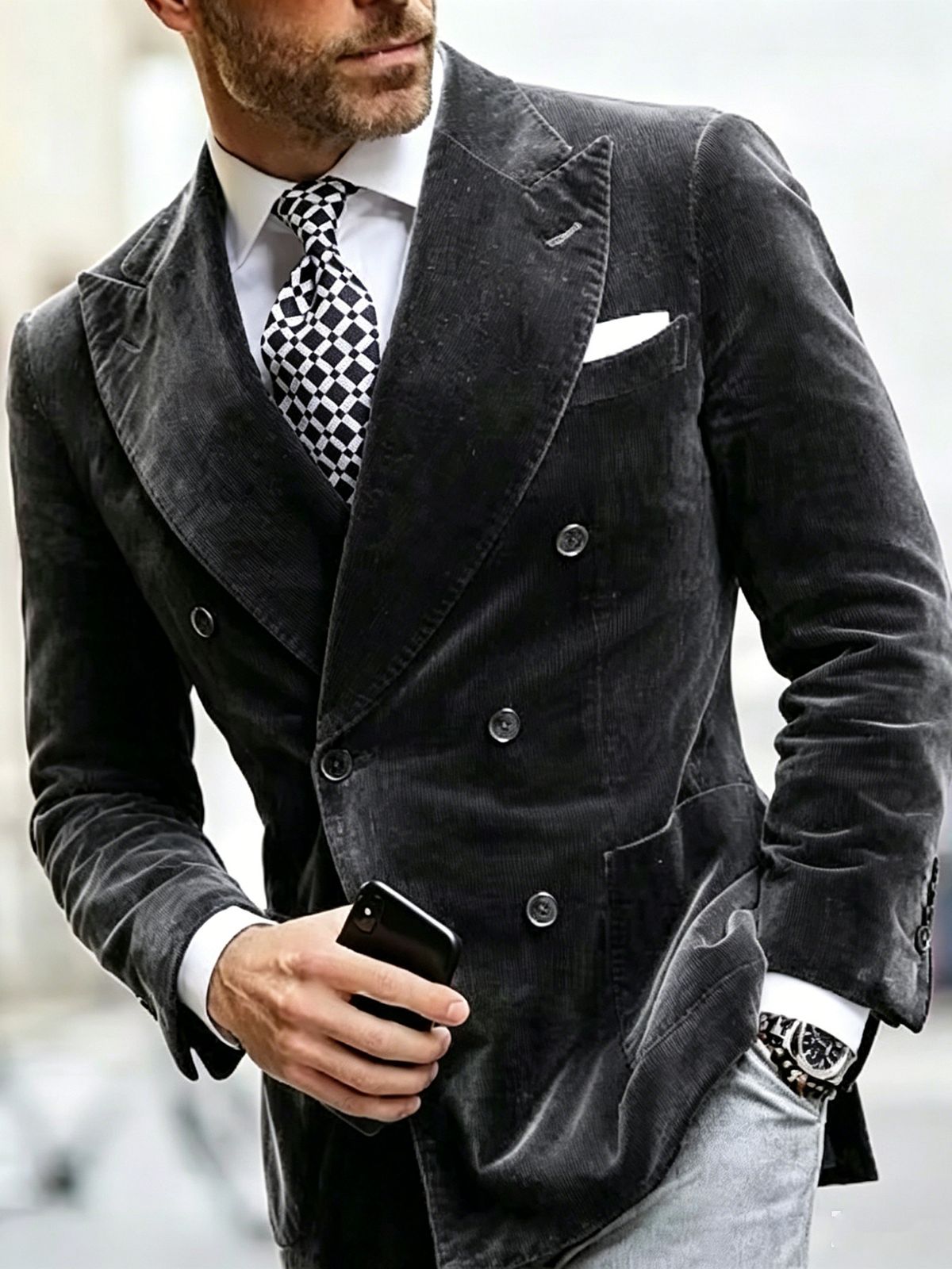 New Men's Double Breasted Velvet Suit Jacket Slim Fit Business Casual Formal Wear_viptrois.com