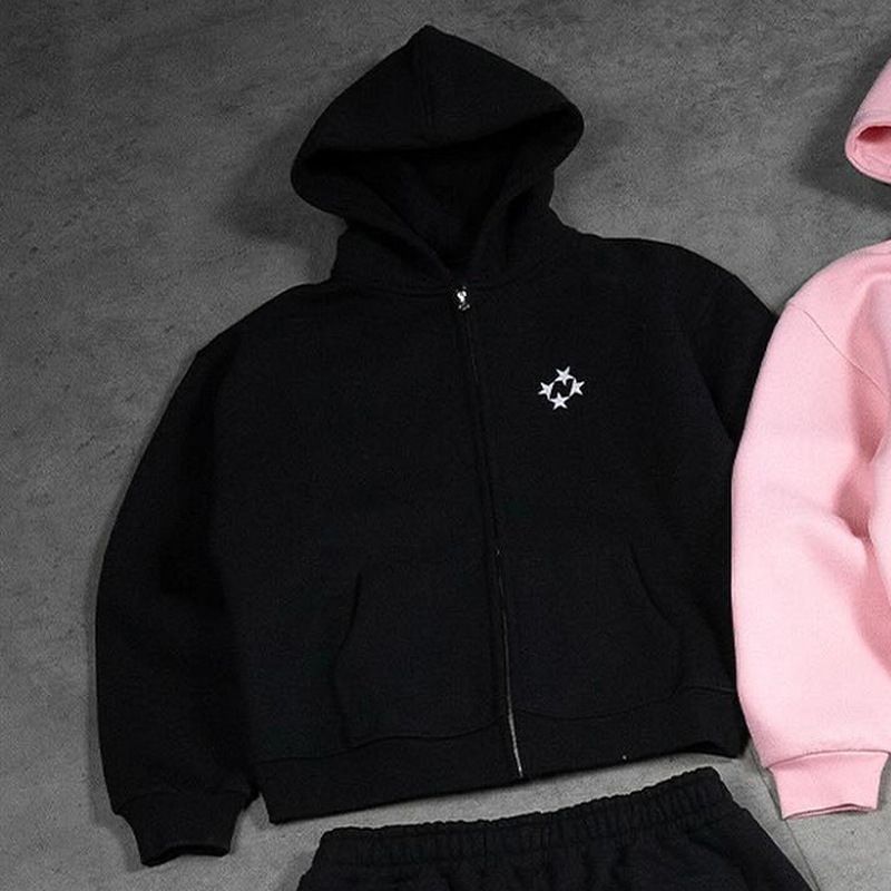 Unisex Retro Streetwear Hoodie & Jogger Set - Zip-Up Fleece-Lined Sweatshirt & Pants (Black/Grey/Pink, S-4xl)_viptrois.com
