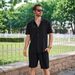 Men's Clothing Jacquard Short Sleeve Shirt & Shorts Set - Lightweight Summer Outfit, Casual Linen-Like Polyester, S-XXXL (Sky Blue/Pink/Black/White)_viptrois.com