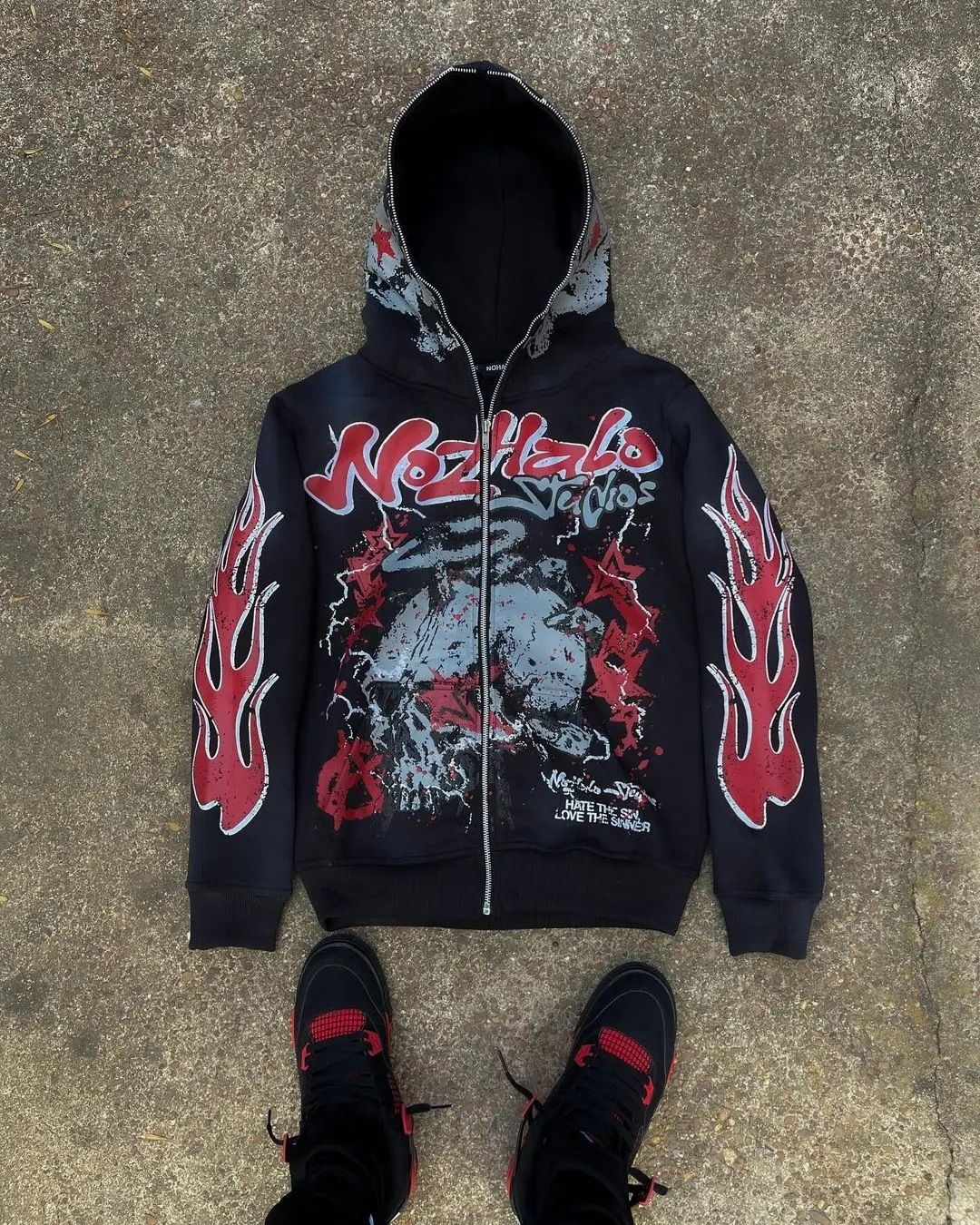 Men's Clothing Y2K Retro Harajuku Street Dark Hip Hop High Street Cartoon Print Zipper Hoodie Loose Sweatshirt_viptrois.com