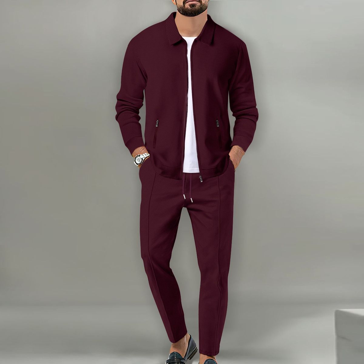 Men's Clothing Men's Autumn Youth Waffle Zipper Pocket Lapel Slim Cardigan Men's Jacket Suit_viptrois.com