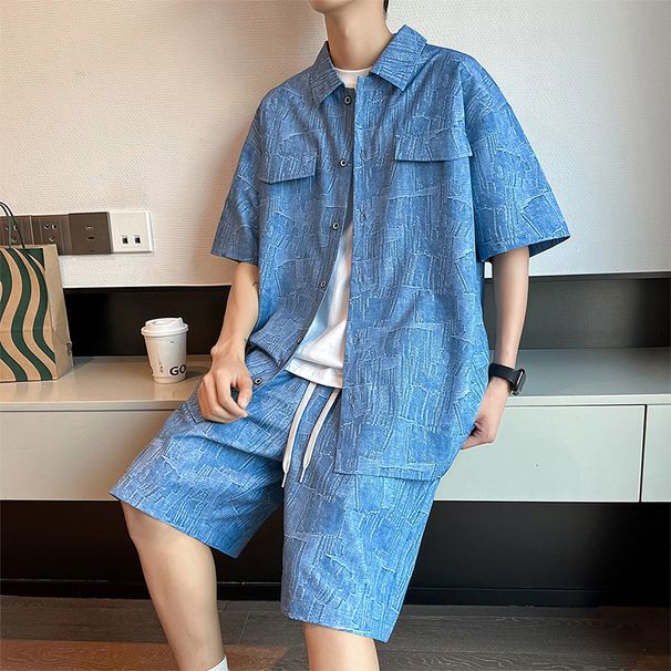 Men's Clothing Two Piece Summer Short Sleeved Shorts Two Piece Shirt New Loose Breathable Retro Suit_viptrois.com