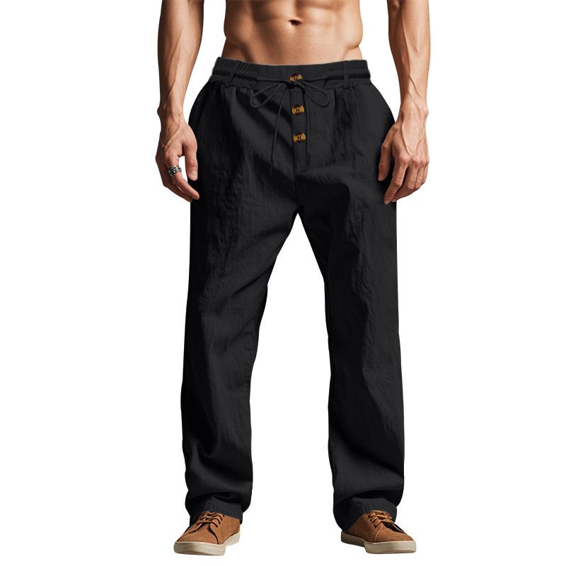 Men's Clothing Casual Men's Beach Trend Button Style Loose Skin Friendly Breathable Sports Linen Trousers_viptrois.com