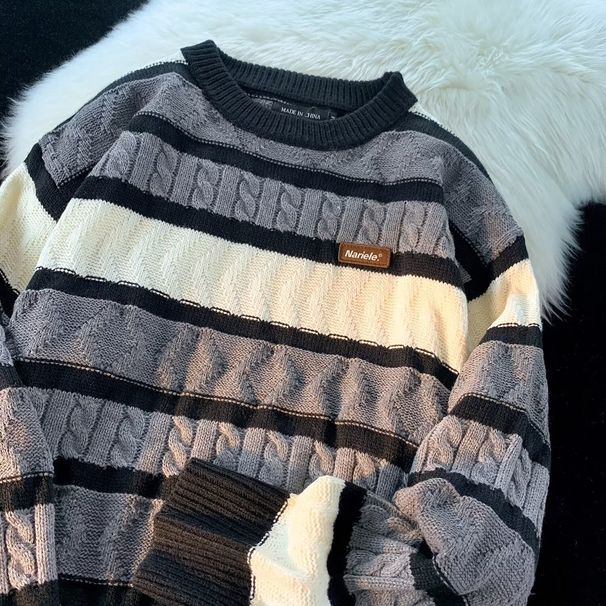 Unisex Stripe Knit Sweater – Oversized Drop-Shoulder Pullover (M-3XL, Polyester-Blend Casual Top, Gender-Neutral Streetwear Staple)_viptrois.com