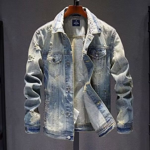 Men's Clothing Men's Large Size Ripped Light Color Denim Jacket Slim Fit Jacket Men's Short Top Denim Jacket_viptrois.com