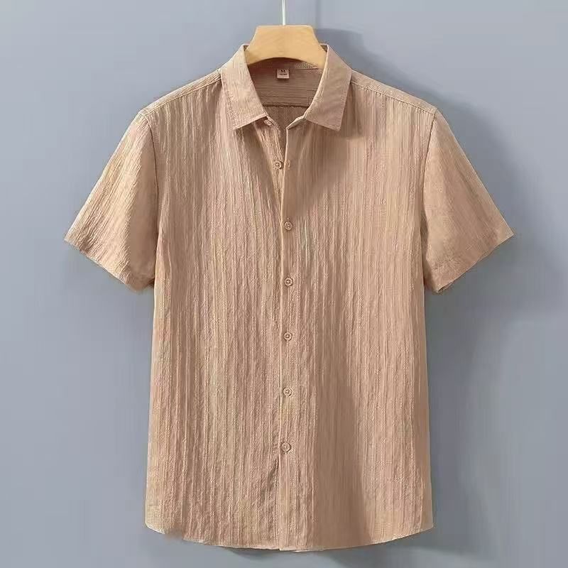 Men's Clothing Men's Short Sleeved Shirt Summer Thin Literary Casual Loose Shirt Striped Jacquard Sun Protection Top_viptrois.com