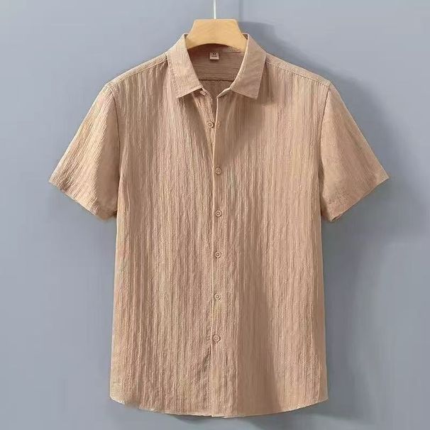Men's Clothing Men's Short Sleeved Shirt Summer Thin Literary Casual Loose Shirt Striped Jacquard Sun Protection Top_viptrois.com