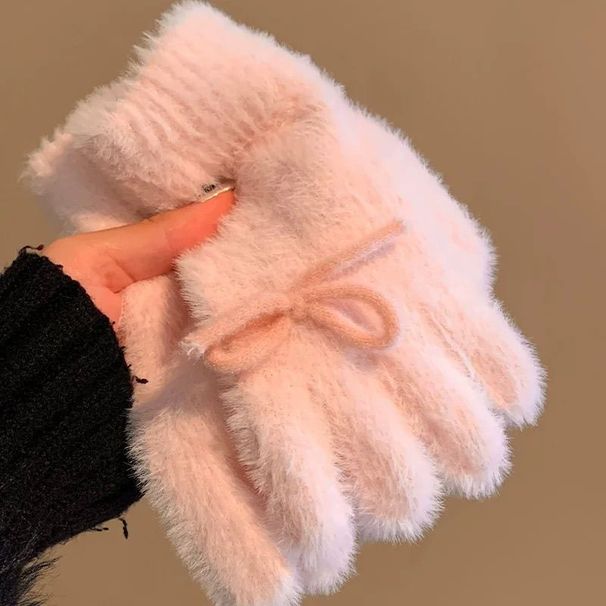 Milk Blue Plush Knitted Gloves For Women Winter Cute Bow Thickened Finger-separated Anti-freeze Student Cycling Warm_viptrois.com