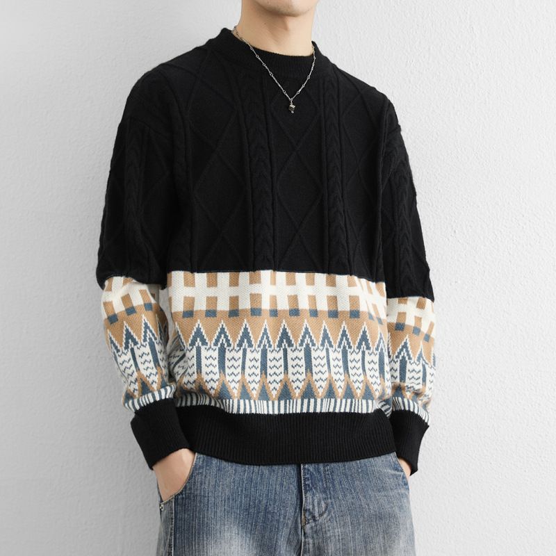 "Teen Ethnic Print Knit Sweater – 3D Textured Pullover, Cozy Winter Layering Essential For Boys & Girls"_viptrois.com