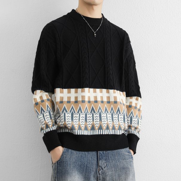 "Teen Ethnic Print Knit Sweater – 3D Textured Pullover, Cozy Winter Layering Essential For Boys & Girls"_viptrois.com