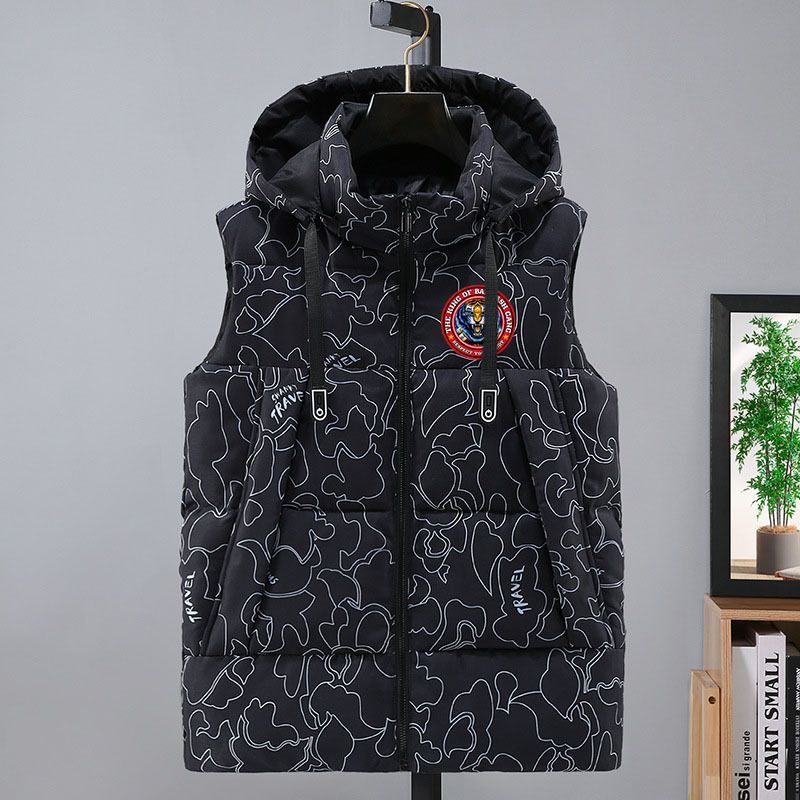 Men's Clothing Men's Vest Trendy Brand Tiger Head Style Autumn And Winter College Students Detachable Hat Down Cotton Warm Cotton Vest_viptrois.com