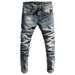 Men's Vintage Light Blue Jeans Distressed Washed Denim Pants Slim Tapered Fit Casual Style with Subtle Stretch_viptrois.com