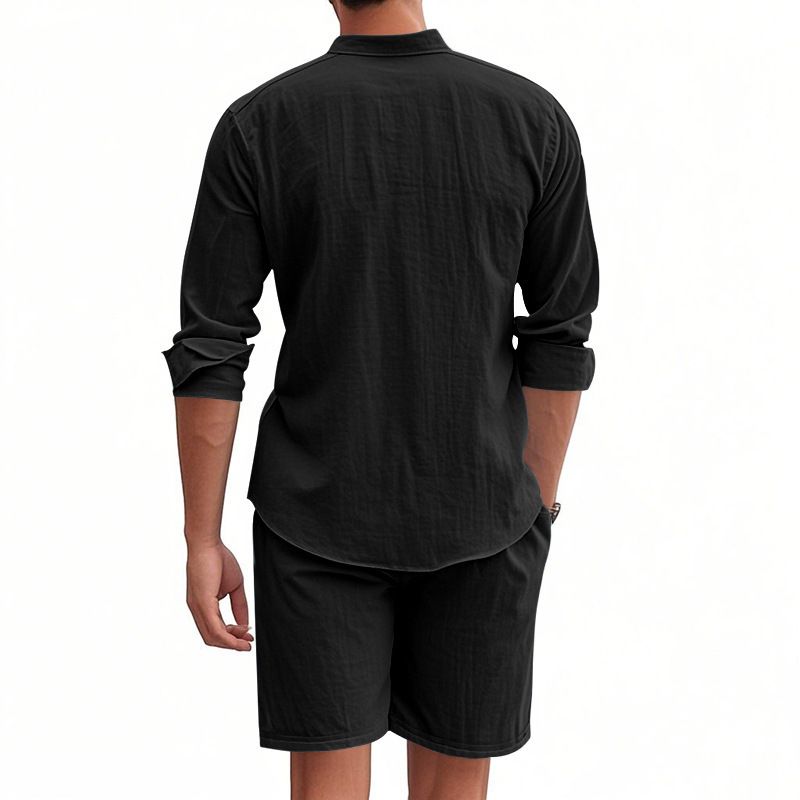 Men's Clothing Linen Button Shirt Long Sleeved Shorts Cardigan Casual Loose Beach Suit_viptrois.com