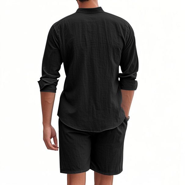 Men's Clothing Linen Button Shirt Long Sleeved Shorts Cardigan Casual Loose Beach Suit_viptrois.com