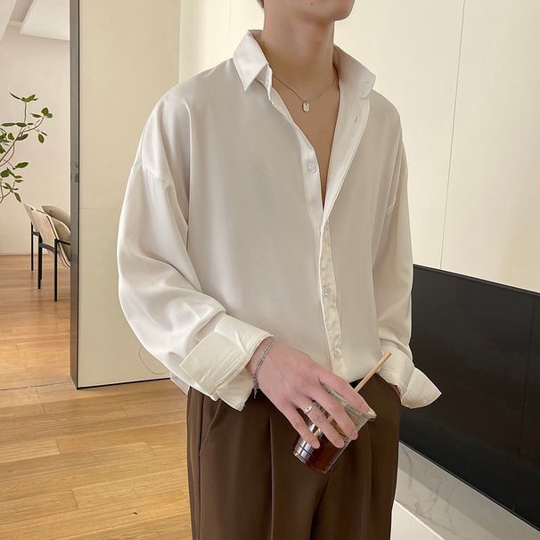 Camisa Blanca De Manga Larga Para Hombre, Camisa De Vestir Social De Gran Tamaño, Moda Coreana, Suelta, Seda De Hielo, Camisas Formales De Oficina_viptrois.com