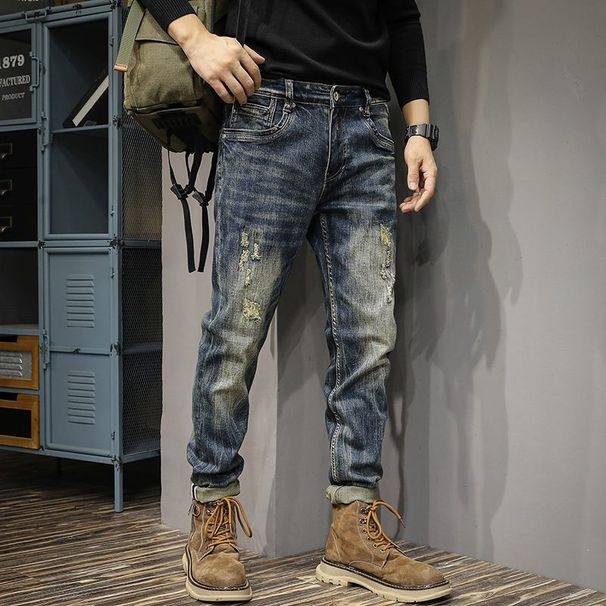 Autumn Trendy Brand Retro Ripped Jeans Men's Slim Fit European And American Straight Elastic American Patch Autumn And Winter Beggar Trousers_viptrois.com