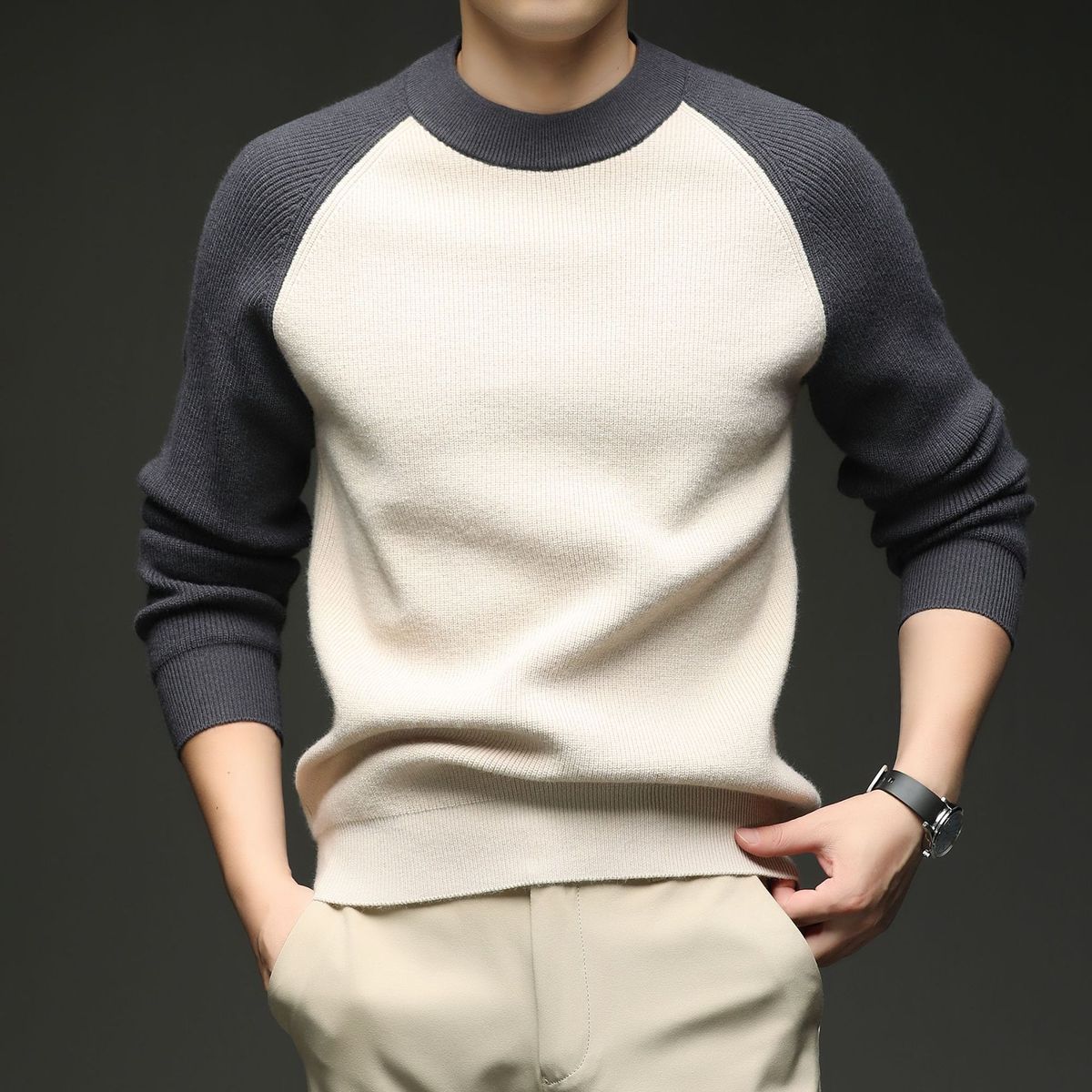 Color Matching Crew Neck Sweater Men's Shoulder Sleeve Design Sense Thickened Long Sleeve Containing Wool High Quality Knitted Sweater_viptrois.com