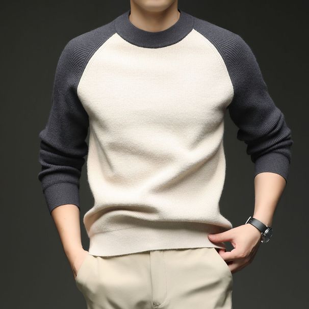 Color Matching Crew Neck Sweater Men's Shoulder Sleeve Design Sense Thickened Long Sleeve Containing Wool High Quality Knitted Sweater_viptrois.com
