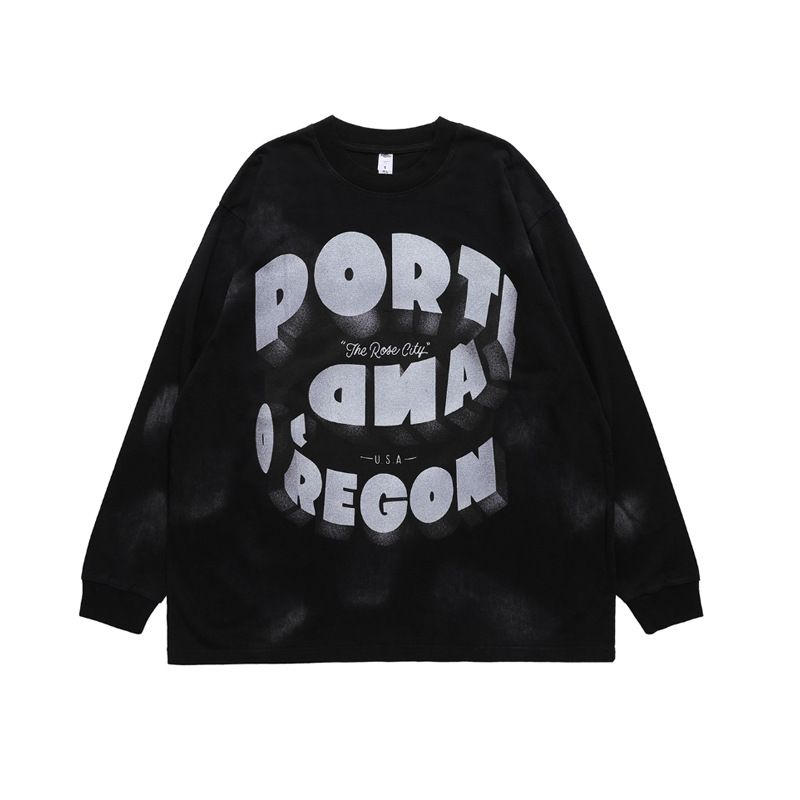 National Trend Brand American Style Exaggerated Text Washed Vintage Paint Patch Long Sleeve T-Shirt Men Street_viptrois.com