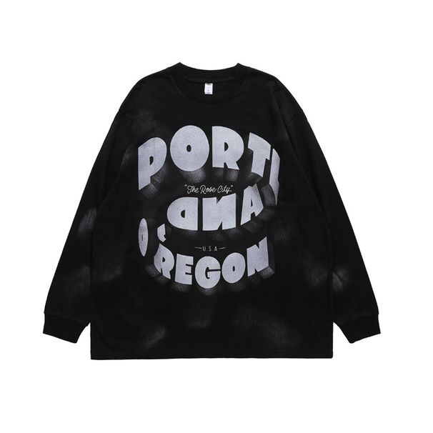 National Trend Brand American Style Exaggerated Text Washed Vintage Paint Patch Long Sleeve T-Shirt Men Street_viptrois.com