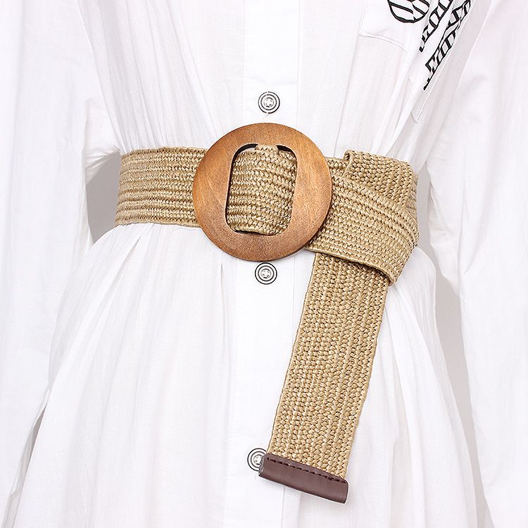 Women Braided Belts Summer Round Buckle Pp Straw Braided Belt Fashionable Casual Dress Decoration Elastic Waist Seal Female_viptrois.com