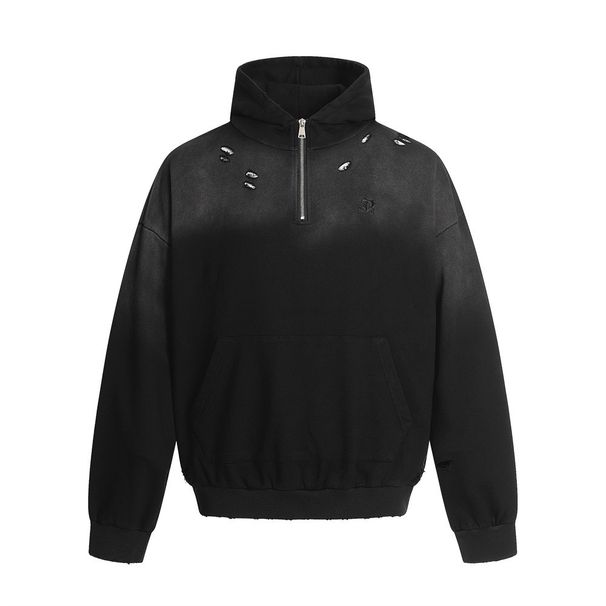 Tie-Dye Gradient Hooded Sweatshirt Trendy Punk Men's Spring And Autumn Outfit Wasteland Vintage Distressed Half-Zip_viptrois.com