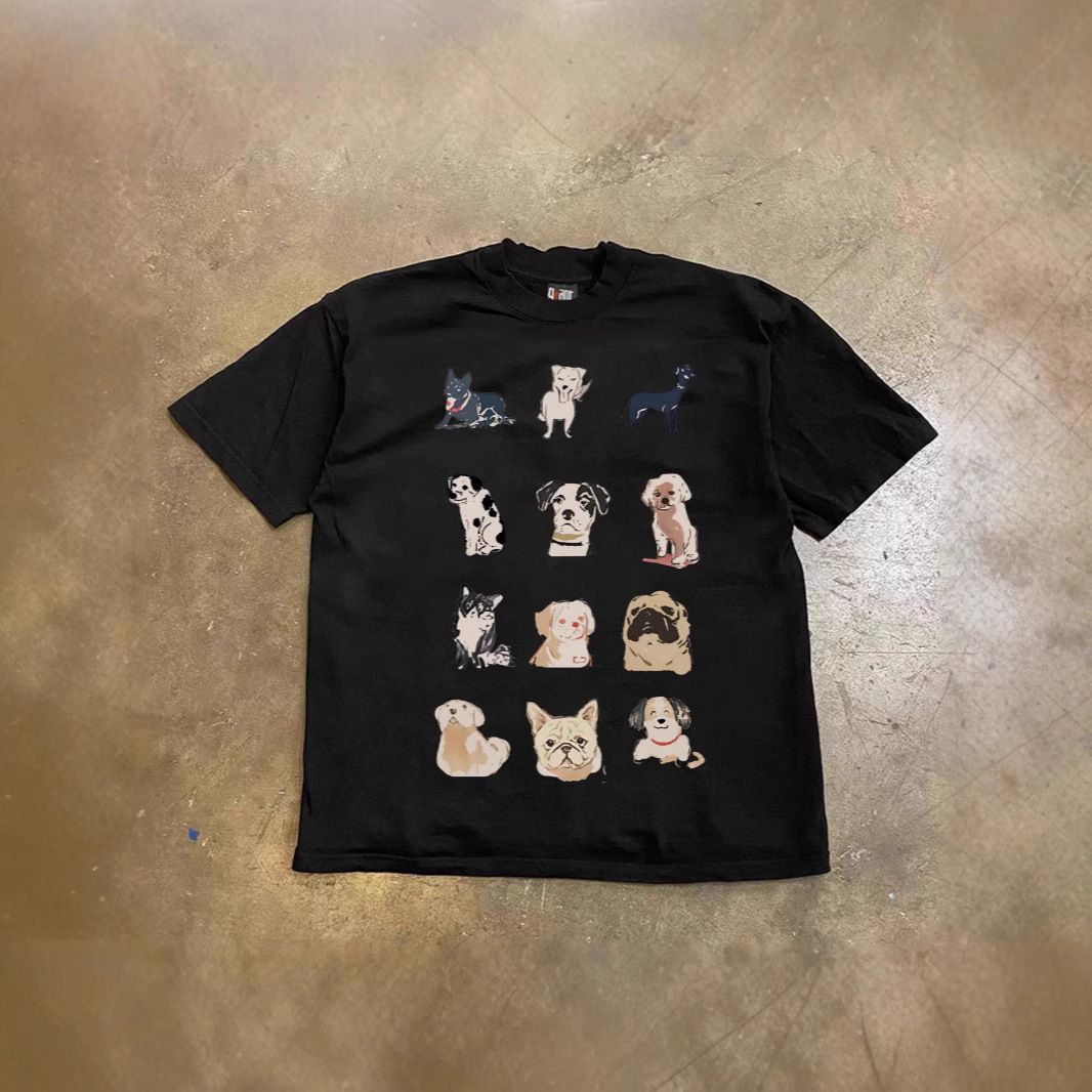 Heavyweight Pure Cotton Oversized T-Shirt For Couples Loose Short-Sleeved Dog Print Top For Women And Men 250g_viptrois.com