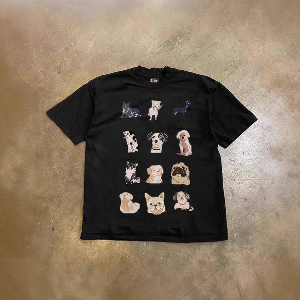 Heavyweight Pure Cotton Oversized T-Shirt For Couples Loose Short-Sleeved Dog Print Top For Women And Men 250g_viptrois.com
