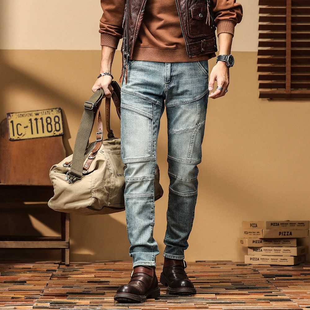 Men's motorcycle pants patchwork stretch jeans_viptrois.com