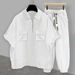 Men's Clothing Half Zipper Solid Color Short Sleeved Suit Men's Summer Trendy Brand Workwear Pocket Design Student Loose Short Sleeved Cuffed Trousers_viptrois.com