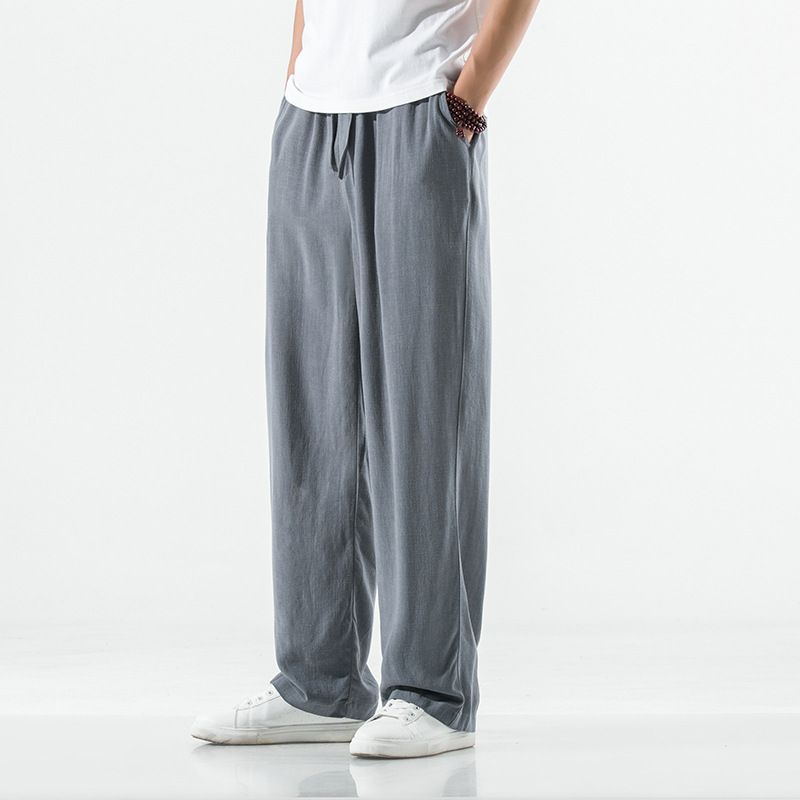 Men's Clothing Trendy Spring And Autumn Linen Casual Pants Drape Loose Wide Leg Trousers_viptrois.com