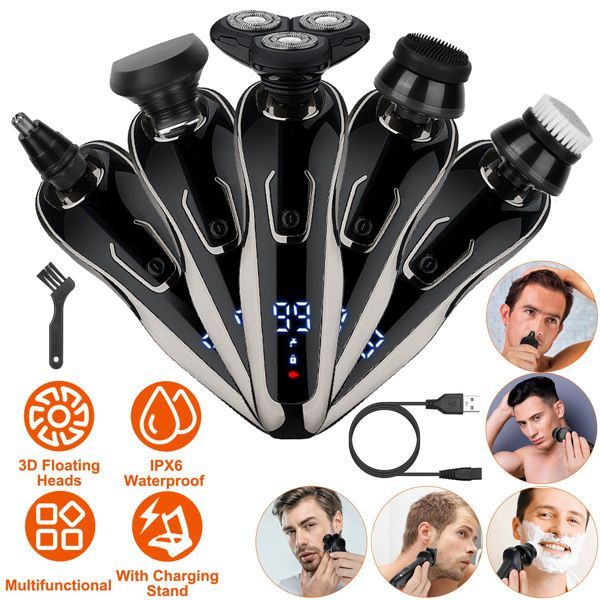 5 In 1 Electric Razor Shaver Rechargeable Cordless Head Beard Trimmer Shaver Kit IPX6 Waterproof Dry Wet Grooming Kit_viptrois.com