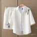 Men's Summer Waffle Texture Set Short Sleeve Shirt Loose Fit Korean Style Bamboo Leaf Embroidery Casual Two-Piece Outfit_viptrois.com