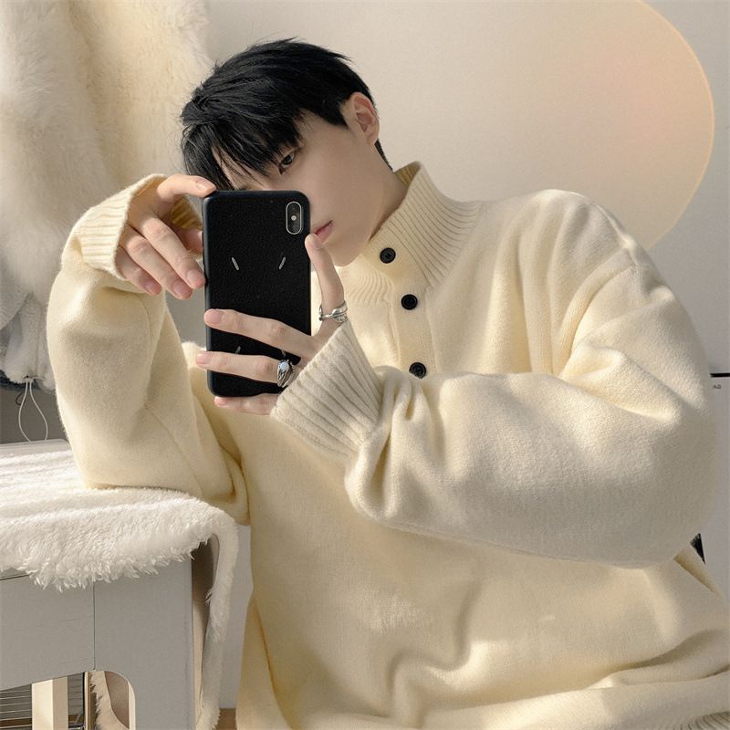 Autumn Turtleneck Sweater Men's Breasted Knit Sweater Loose, Lazy, Luxurious Polo Collar Jacket_viptrois.com