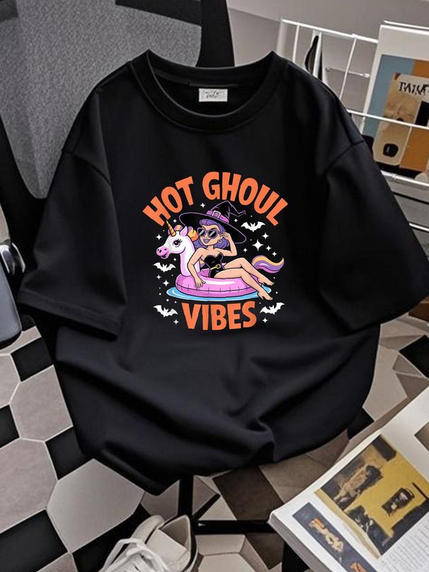 Hot Ghoul Vibes Funny Witch Spooky Summer Halloween Women T-Shirt T-Shirt For Women Casual Top For Everyday Wear Unisex Designer Clothes Soft Casual Print Round Neck Short Sleeve Versatile Breathable Women Top Graphic Tees Comfortable Slightly Stylish_viptrois.com