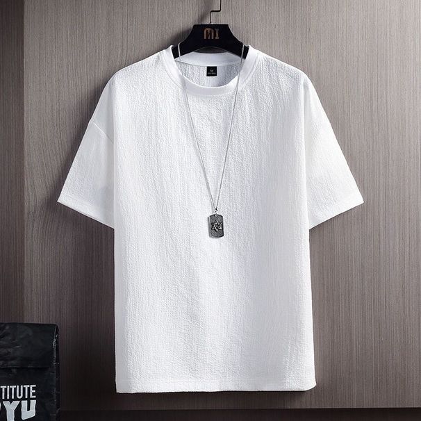 Men's Clothing New Style Half Sleeved T Shirt Cotton Linen Short Sleeved T Shirt Men's Summer Solid Color Loose Bottoming Shirt White_viptrois.com