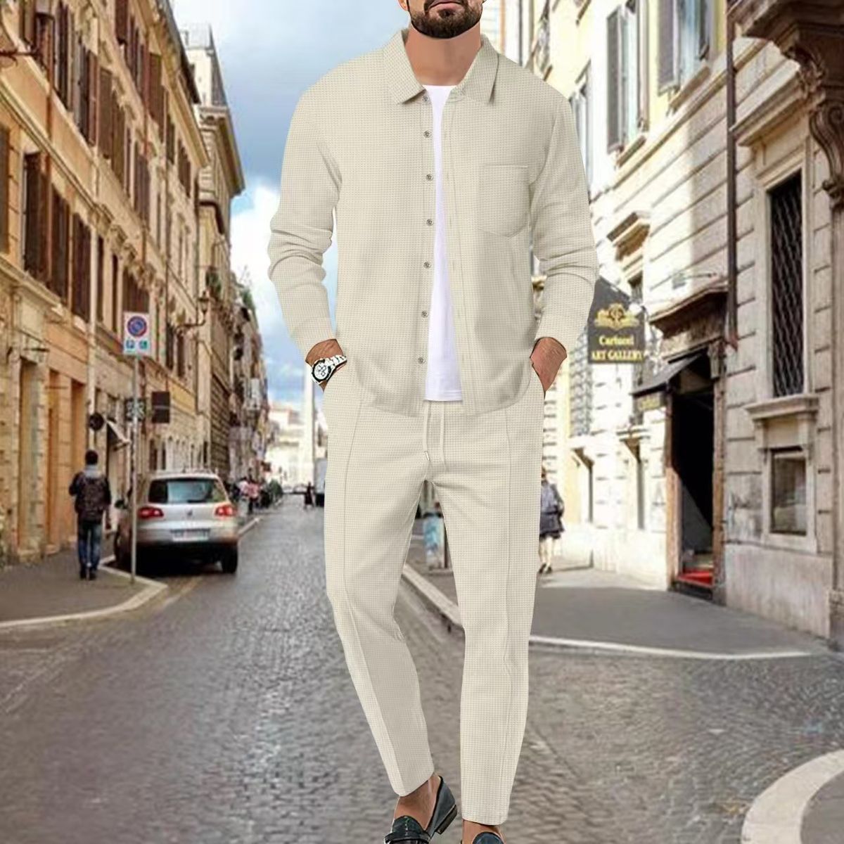 Men's Waffle-Knit Lounge Set – Long Sleeve Crewneck & Jogger Pants (S-XXXL) | Poly-Cotton Blend Two-Piece In 5 Colors (Navy/Charcoal)_viptrois.com