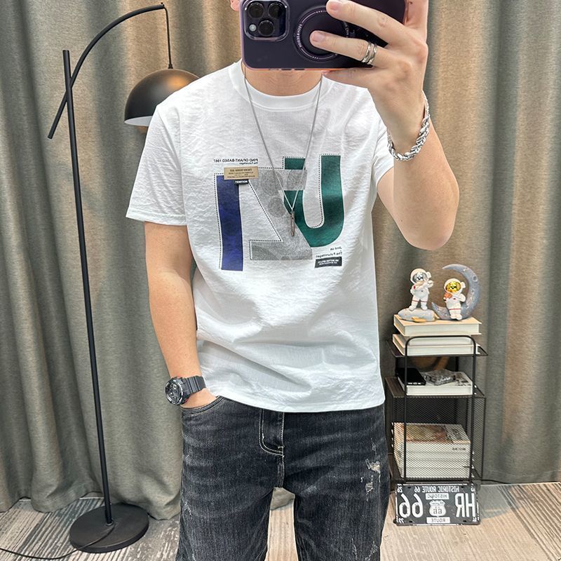 New Short-sleeved Trendy Men's Short-sleeved T-shirt Summer Letter Half-sleeved Slim-fit Printed Youth Crew Neck Top Trendy Brand_viptrois.com