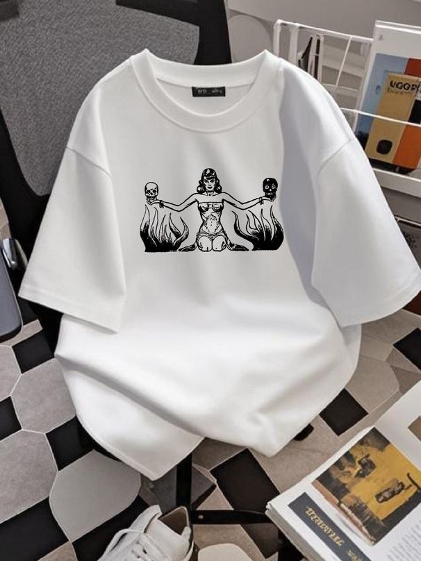 Skull Lady Retro Vintage Weird White T-shirt Any Size, Unisex Homme Soft Top For Everyday Wear Designer Clothes Breathable Slightly Stylish Casual_viptrois.com